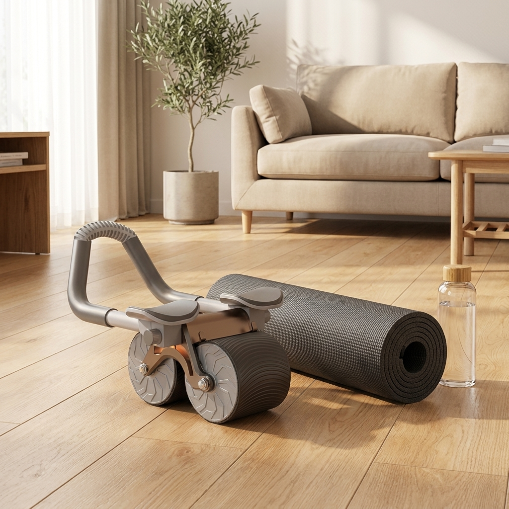 Ab roller wheel beside a yoga mat at home