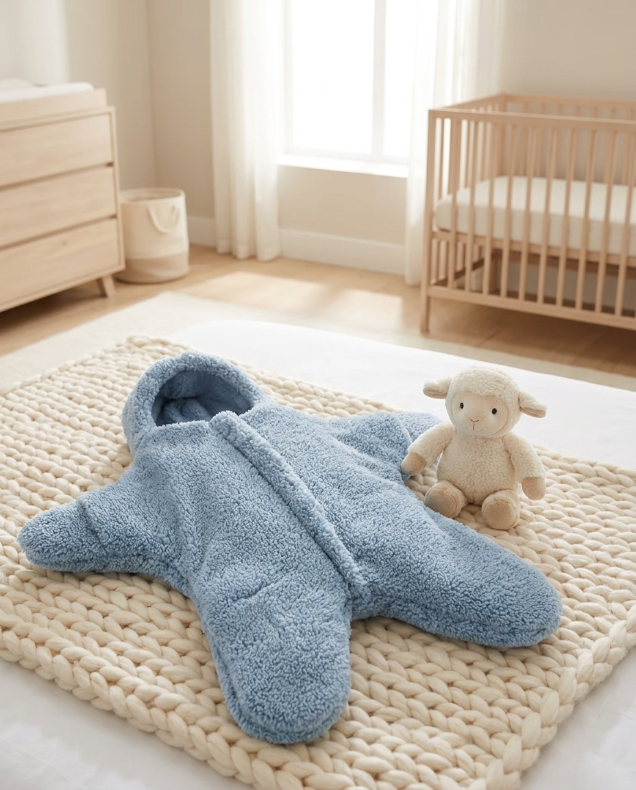 Star baby swaddle on a blanket in a nursery with a plush toy