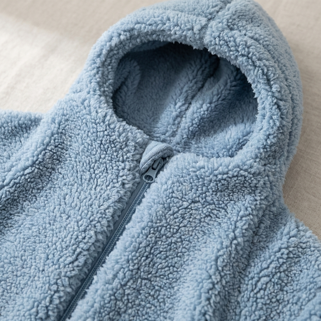 Close-up of plush fleece texture, hood and zipper on the baby swaddle
