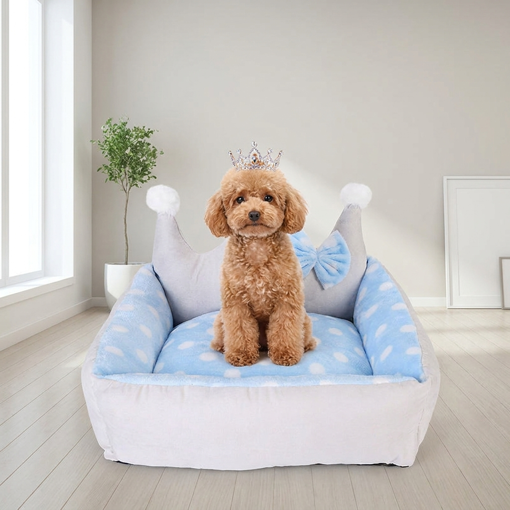 Tiny dog sitting in a blue crown-shaped plush pet bed
