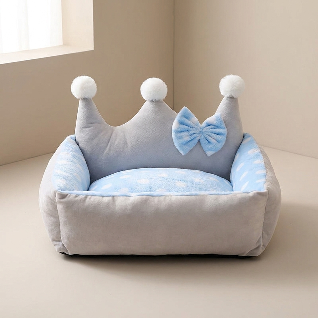 Front view of the empty crown-shaped pet bed with bolster crown back