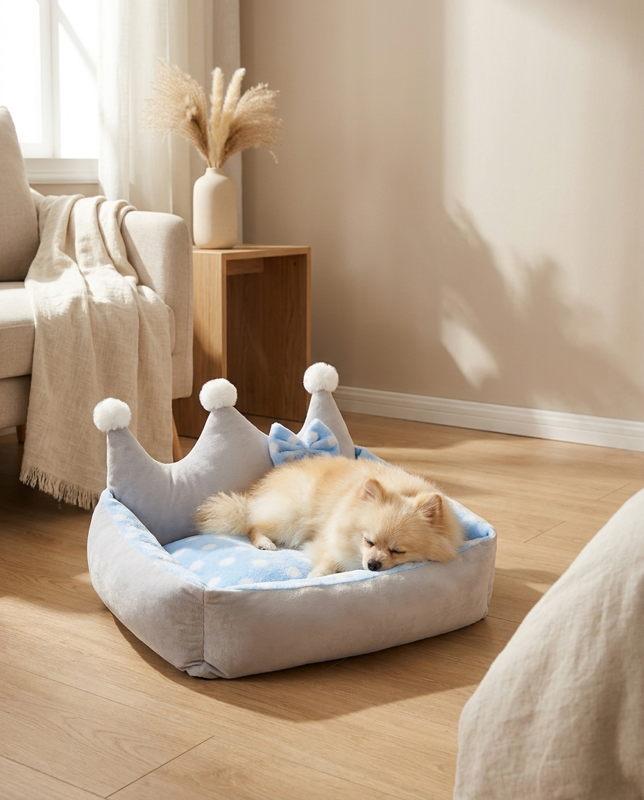 Small fluffy dog napping in a blue crown-shaped plush pet bed