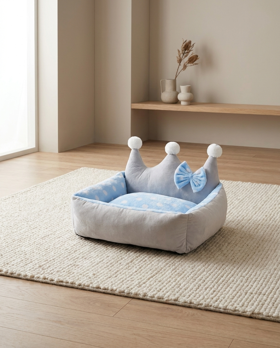 Blue crown-shaped pet bed styled as a decorative accent in a living room