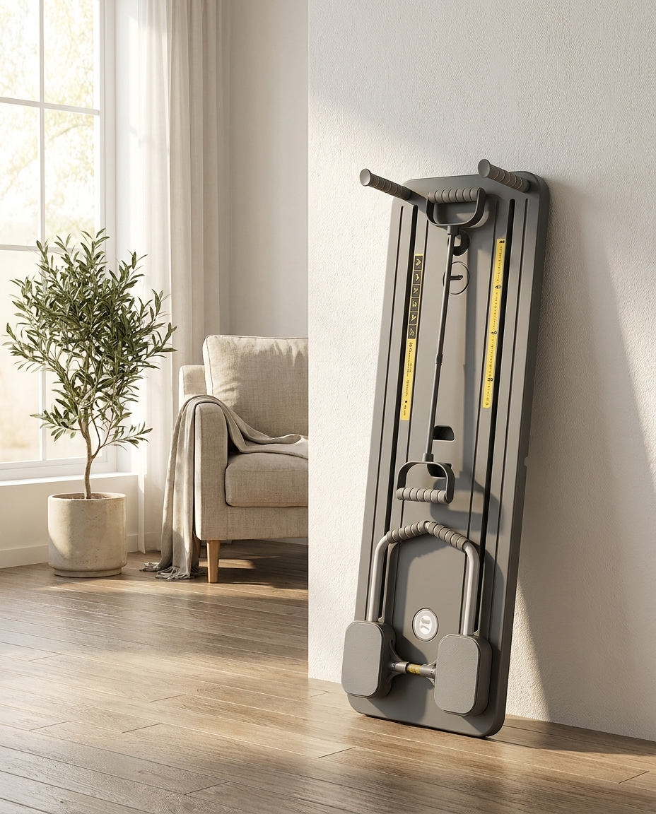 Folded fitness board stored upright against a wall