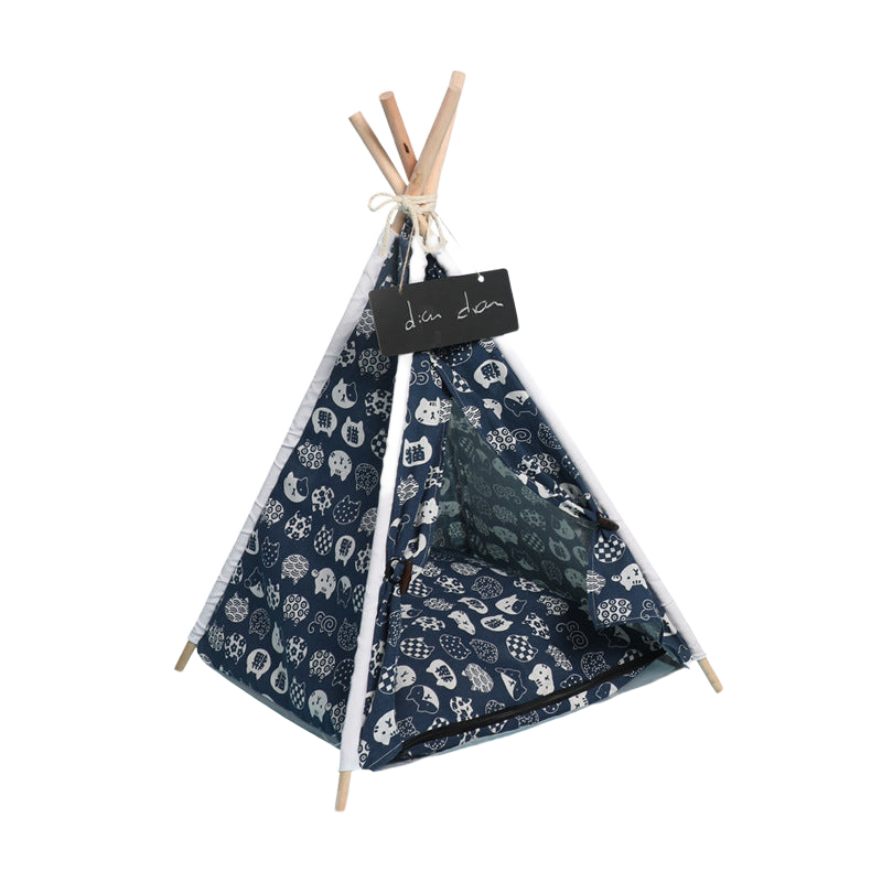 Navy cat-print canvas teepee pet tent with wooden poles on white background