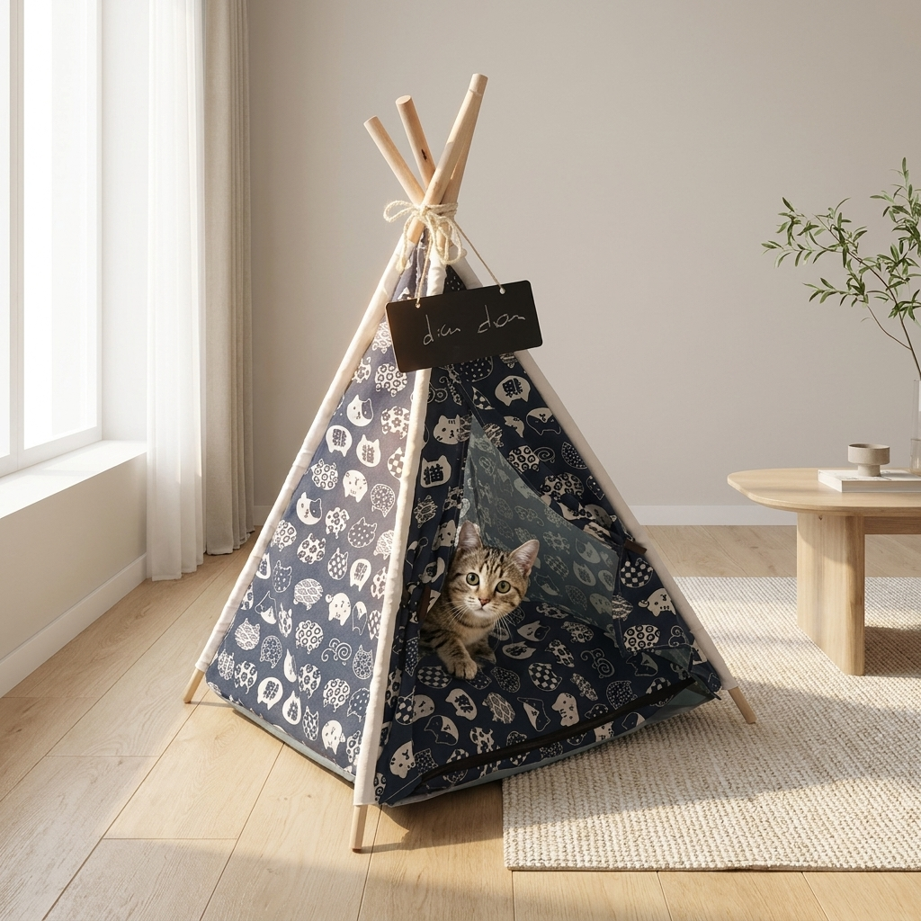 Cat peeking out of a navy patterned teepee pet tent in a living room