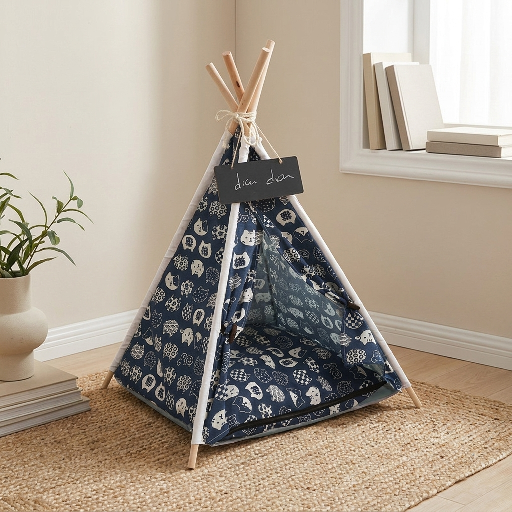 Empty navy teepee pet tent with a soft cushion mat inside