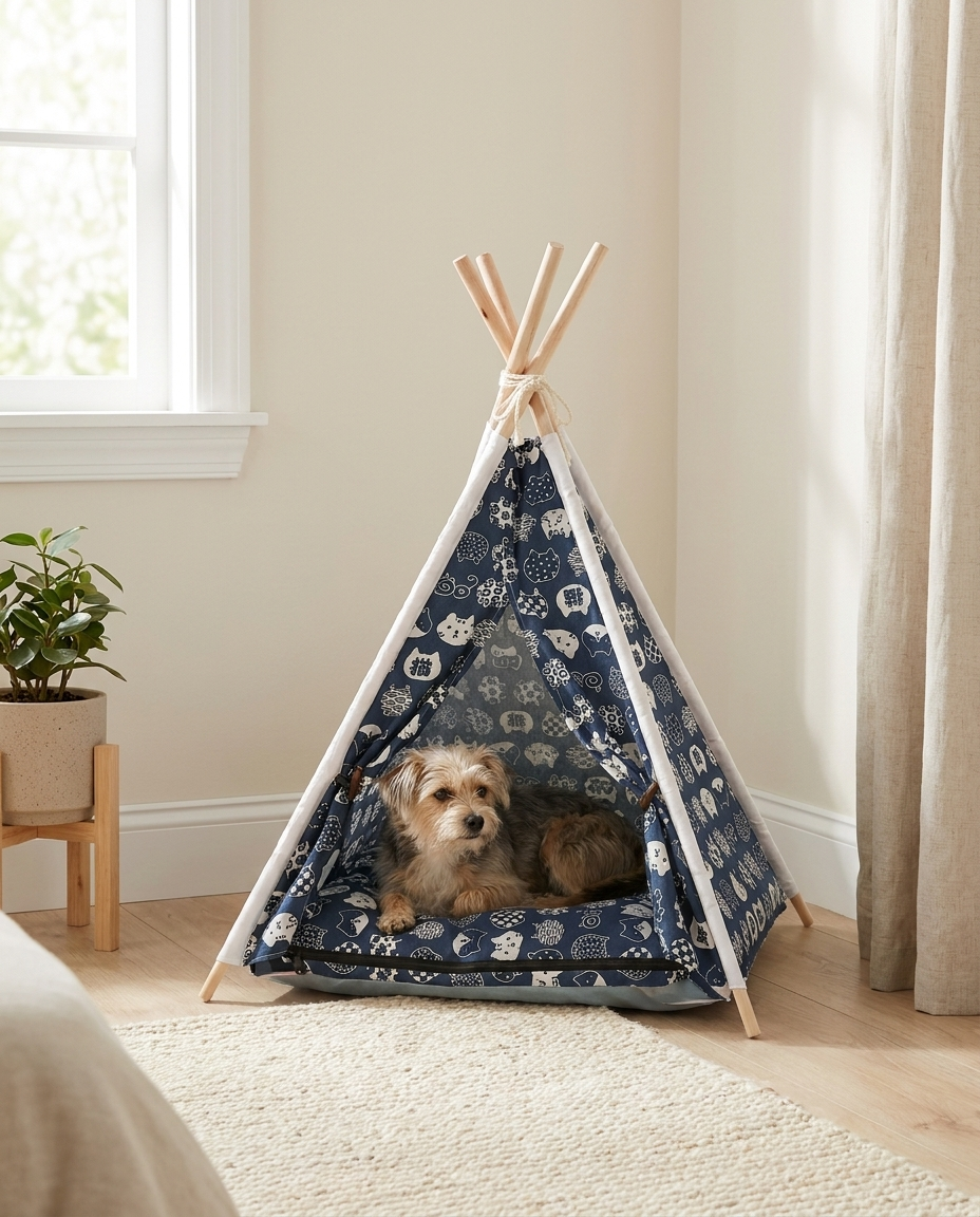 Small dog resting inside a navy patterned teepee pet tent
