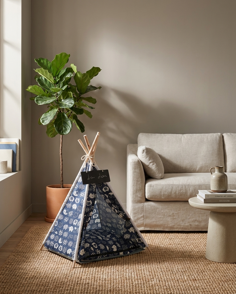 Navy teepee pet tent styled next to a sofa as a home accent