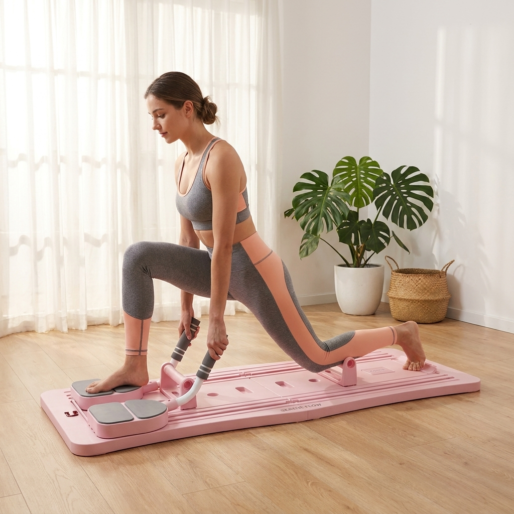 Woman exercising on the Pilates sliding board at home