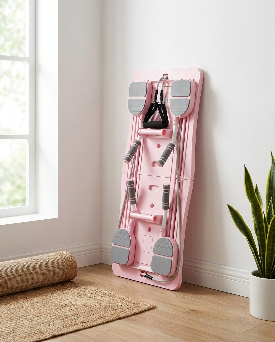 Pilates board stored compactly against a wall