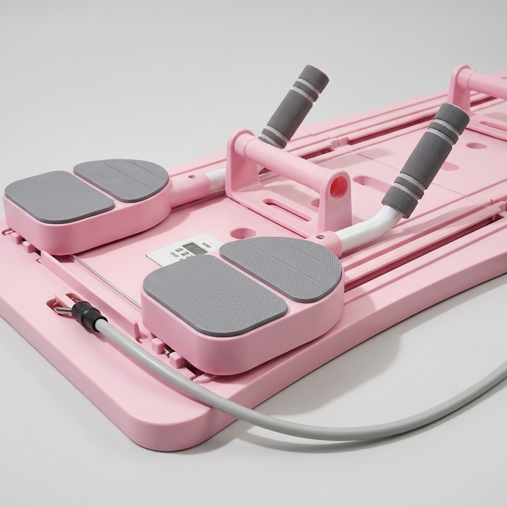 Close-up of the sliding foot pads, handles and resistance cords