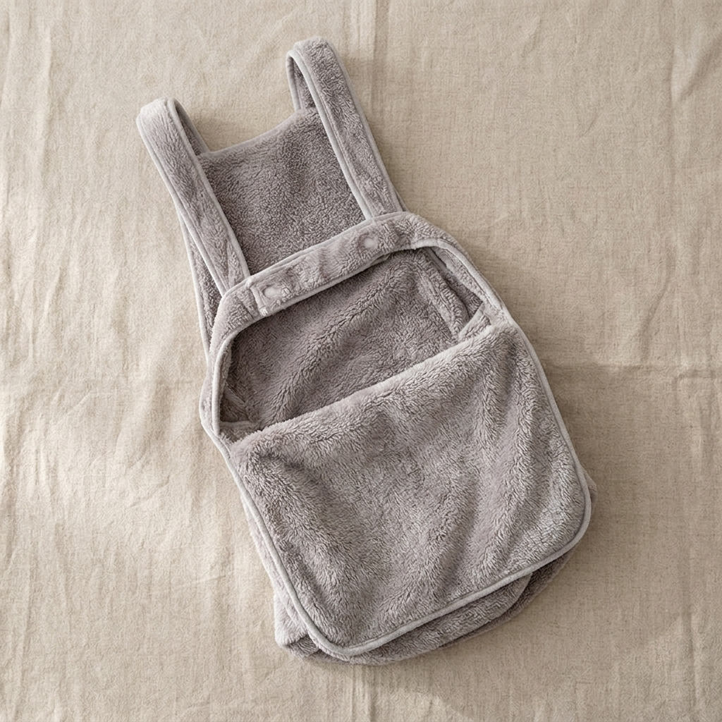 Gray plush pet-carrier apron laid flat showing straps and front pouch