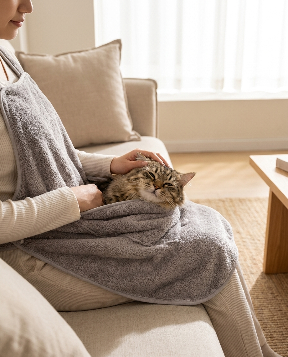 Person petting a cat snuggled in the gray plush pet-carrier apron