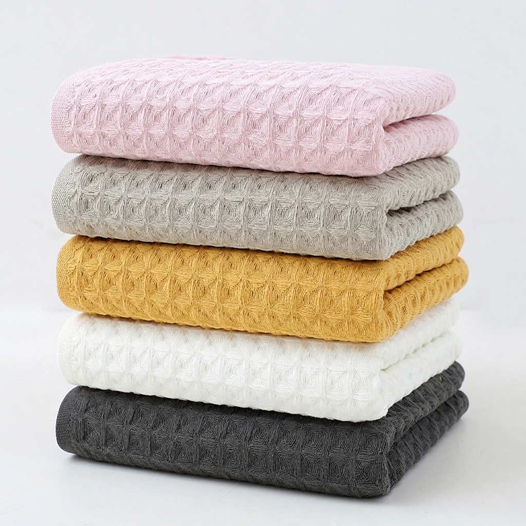 Stack of cotton waffle towels in soft colors
