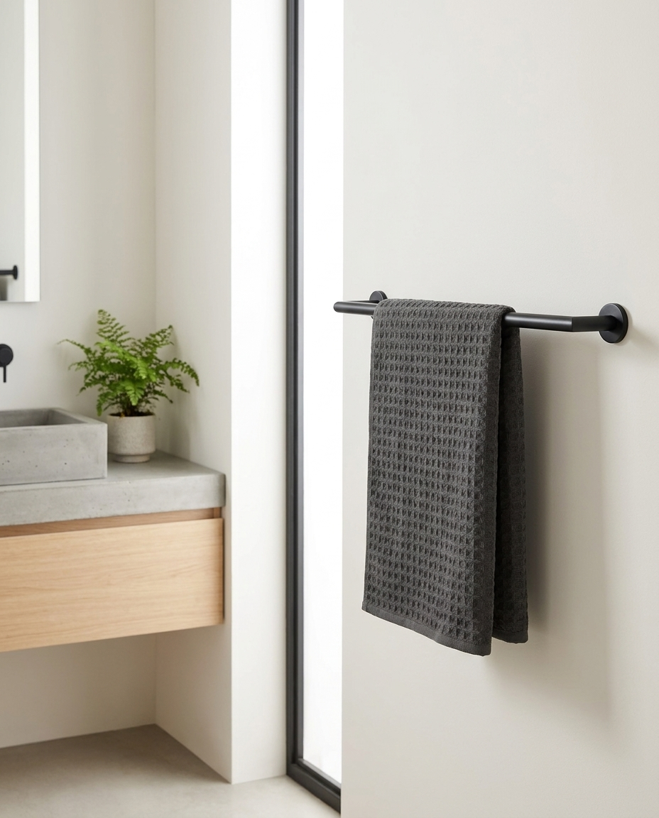Cotton waffle towel hanging on a rail in a bathroom