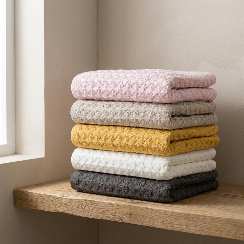 Folded cotton waffle towels stacked on a bathroom shelf