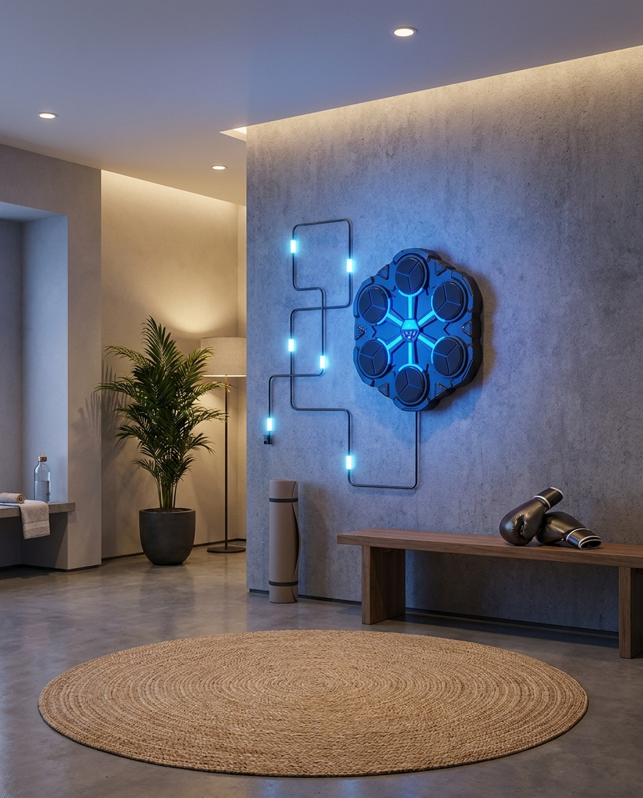 Boxing trainer glowing with blue LEDs mounted on a wall