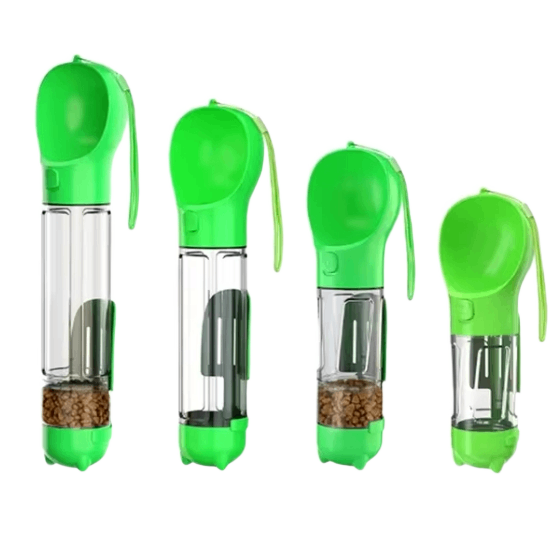 Green portable dog water bottle with food box on white background