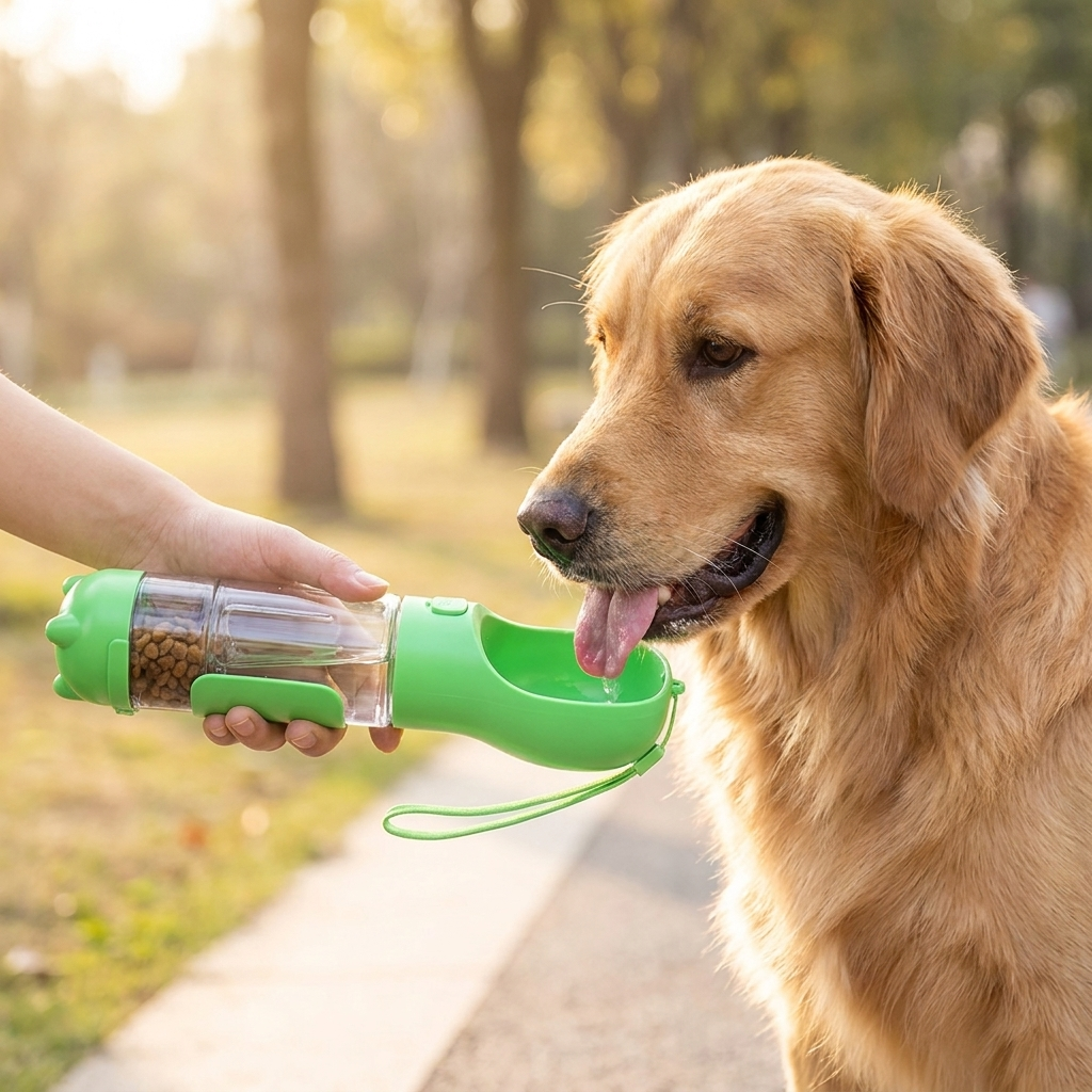 Hand giving a dog a drink from the green portable dog water bottle at a park