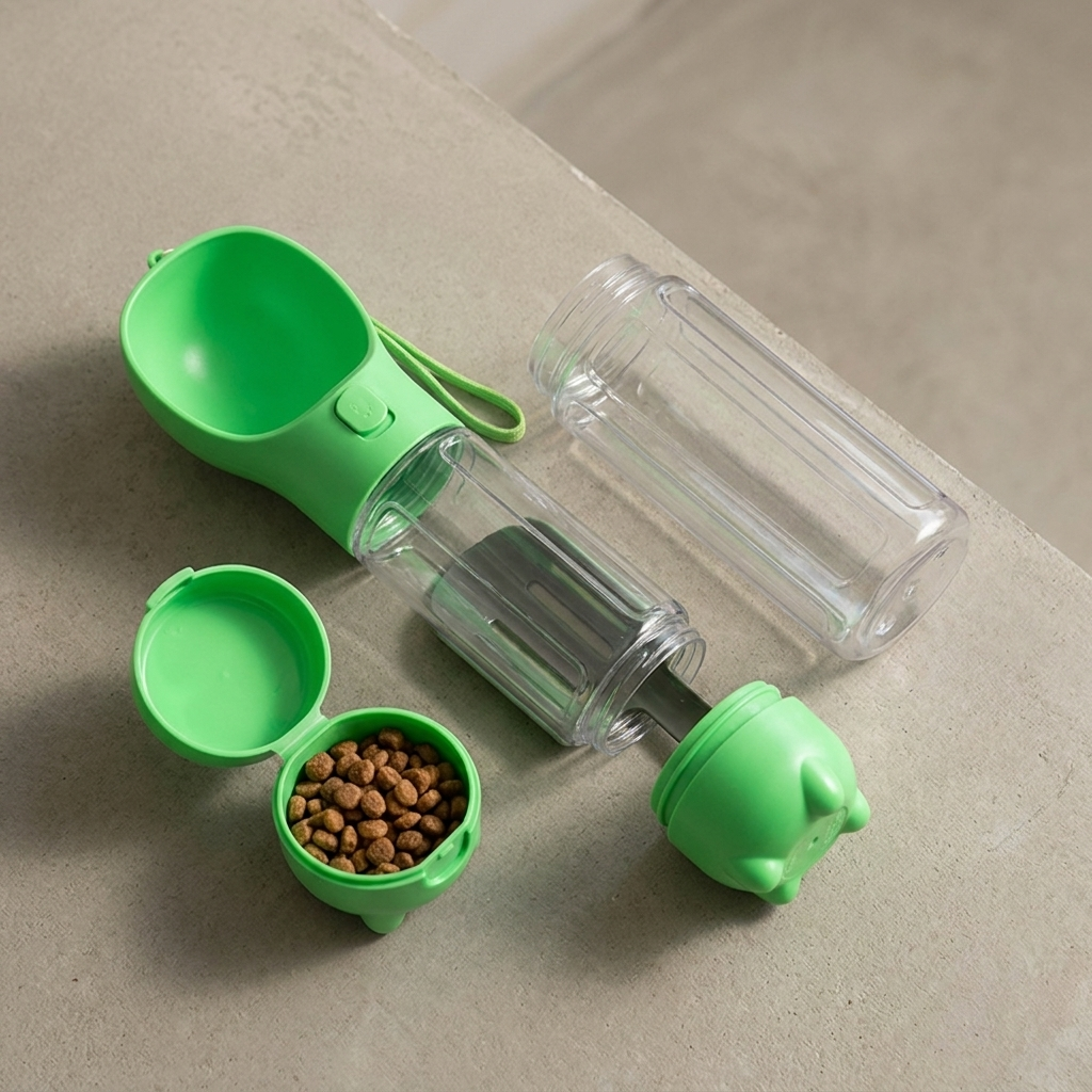 Green dog travel bottle disassembled showing water reservoir and food box