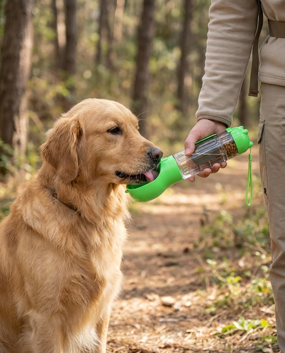 Dog drinking from a green portable water bottle on a trail walk