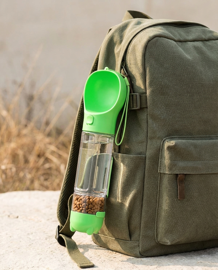 Green portable dog water bottle clipped to a backpack for a day out