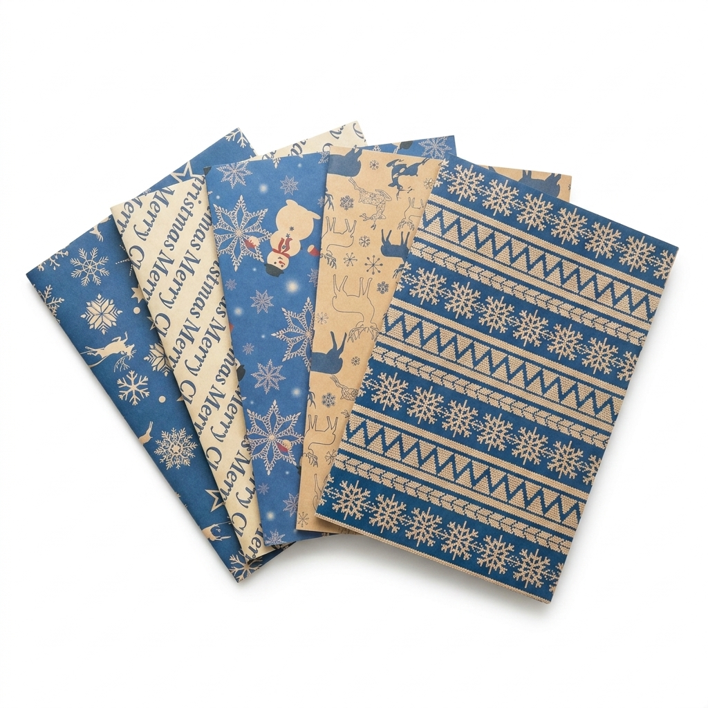 Set of 5 Christmas kraft wrapping paper sheets in blue and cream