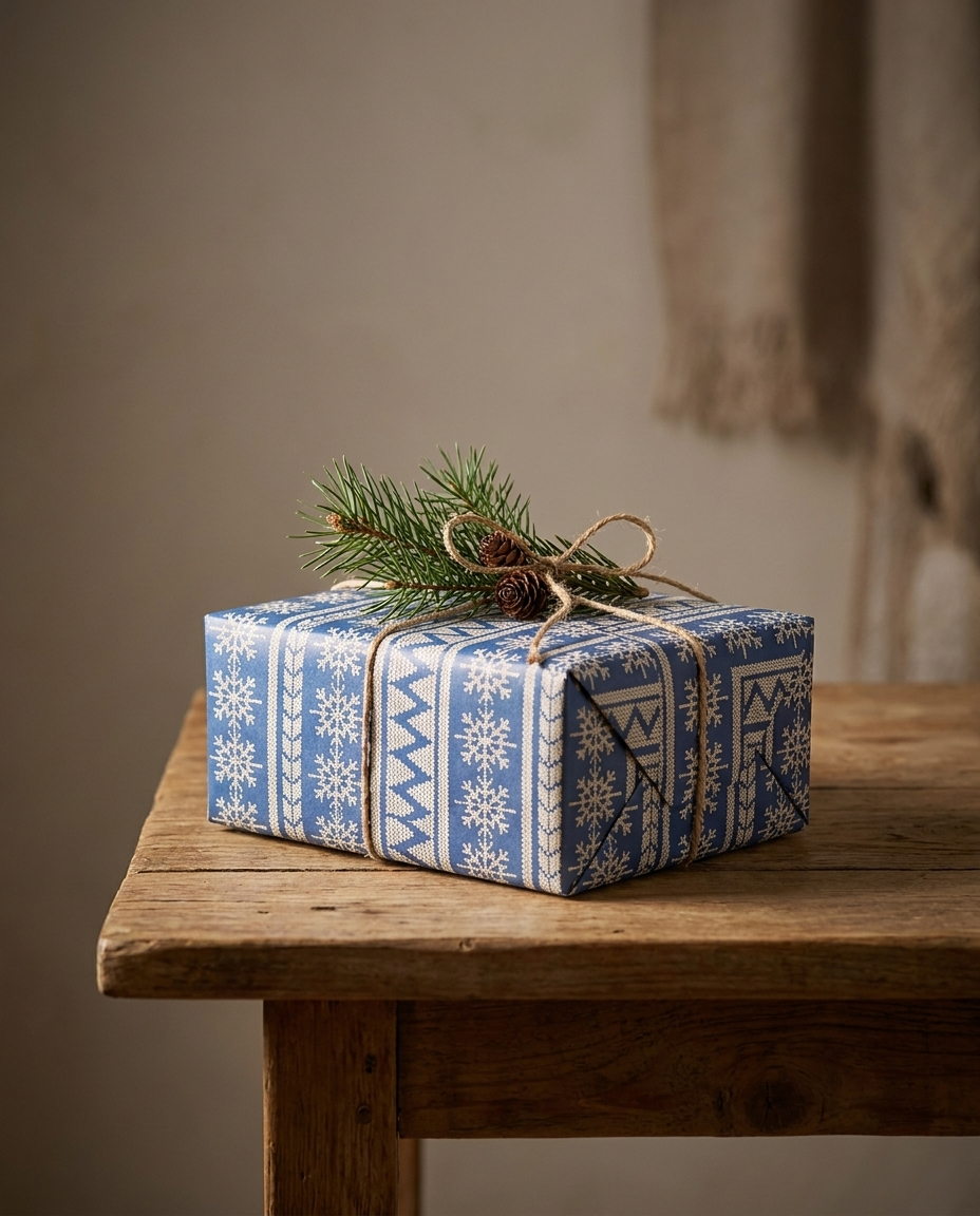 Gift wrapped in blue snowflake Christmas kraft paper with twine