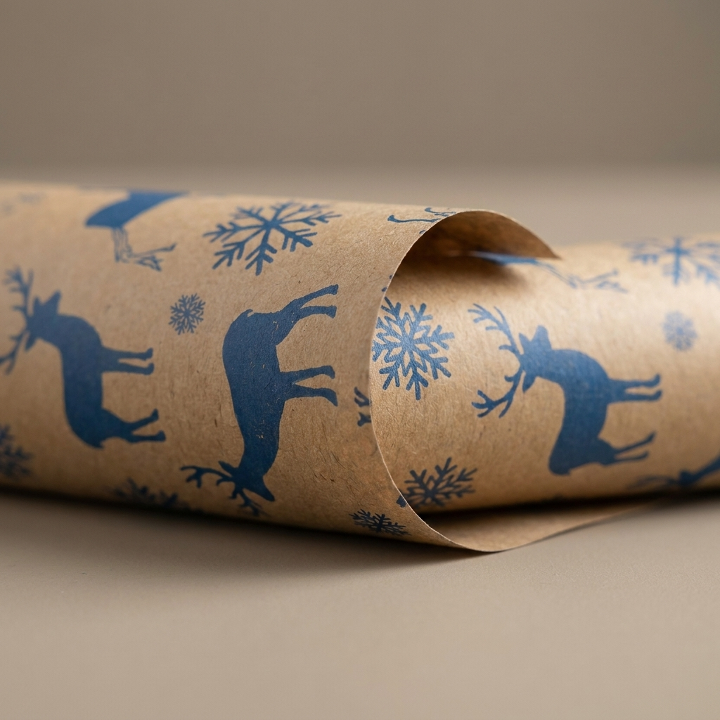 Close-up of snowflake and reindeer print on kraft paper