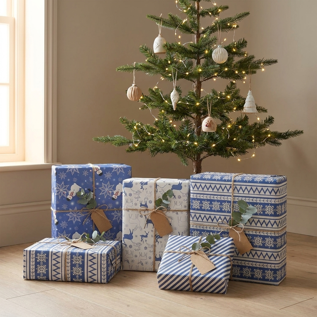 Several gifts wrapped in the Christmas kraft paper set