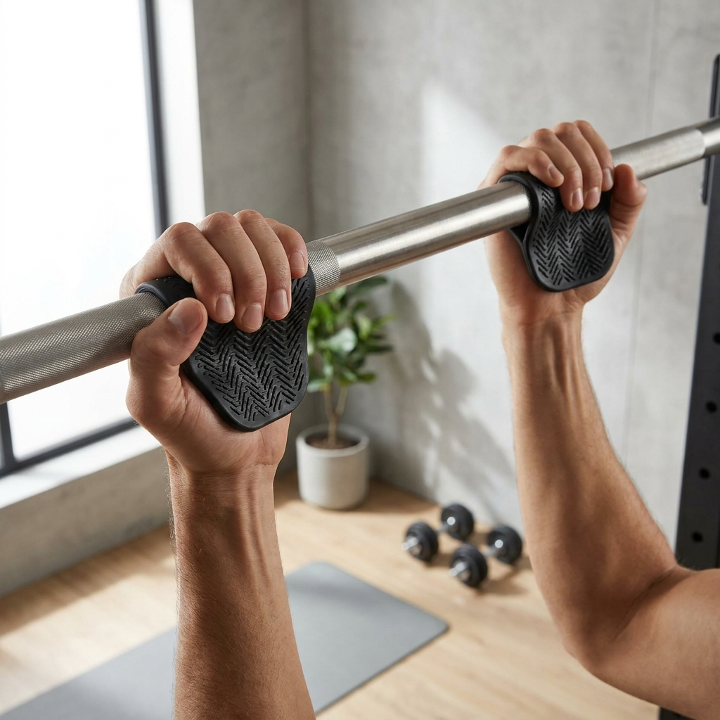 Person gripping a pull-up bar with the grip pads
