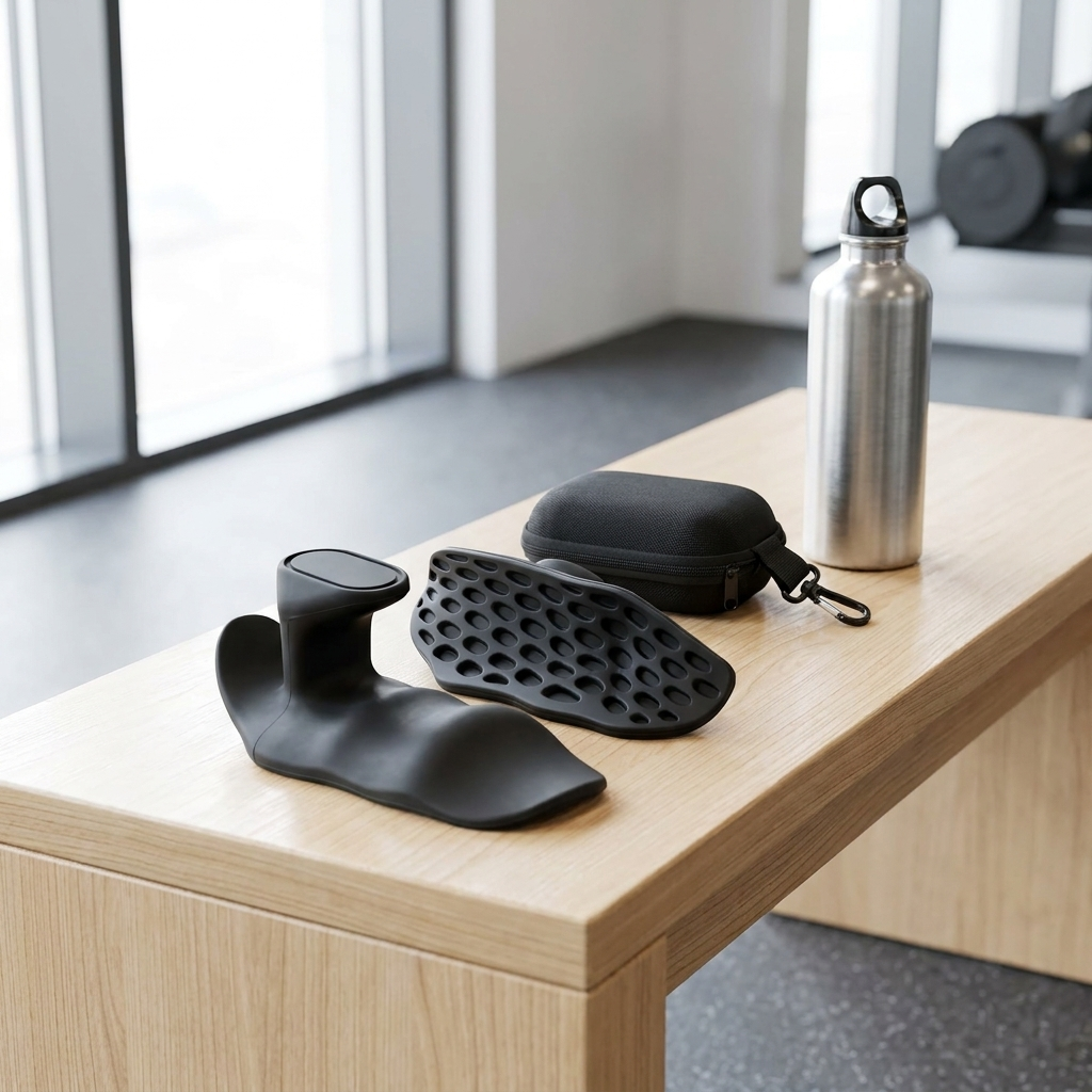 Grip pads with carry case on a gym bench