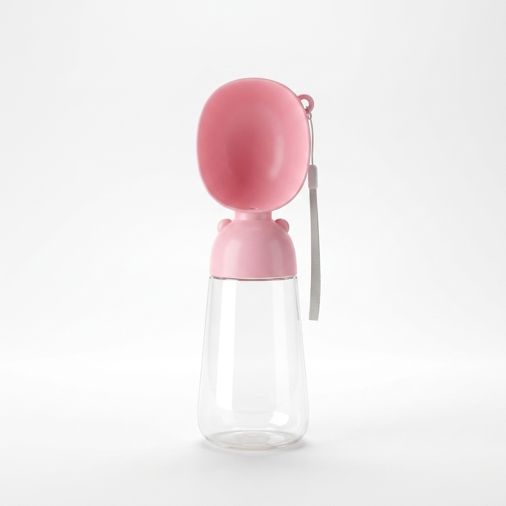 Pink portable dog travel water bottle with flip-up drinking cup on white background