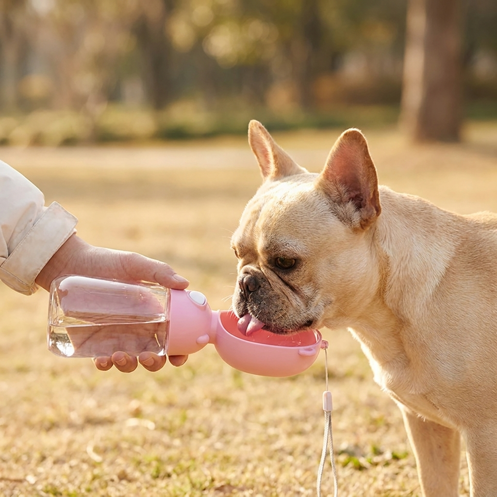 Hand giving a small dog a drink from a pink portable dog water bottle at a park