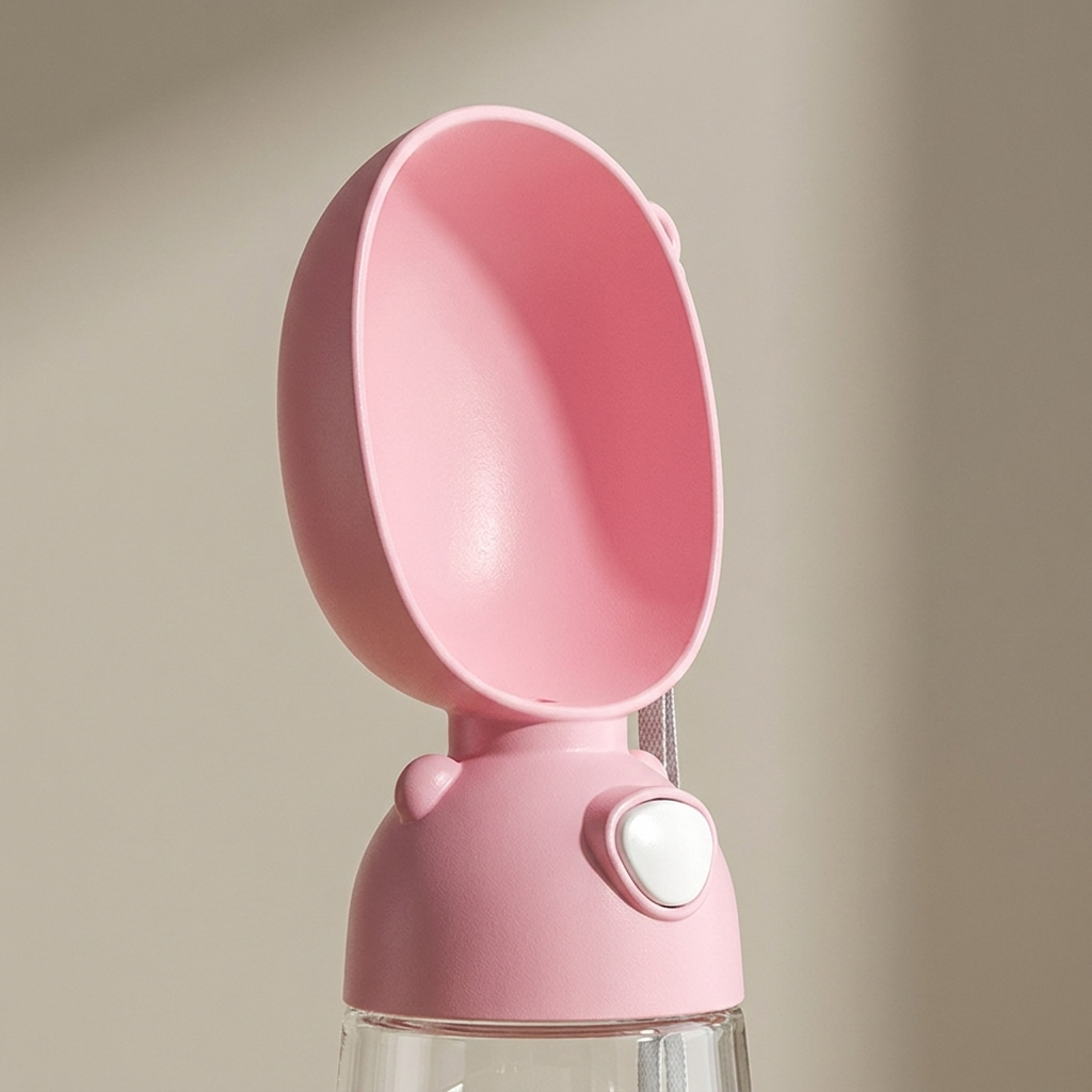 Close-up of the flip-up leaf-shaped drinking cup and one-press button