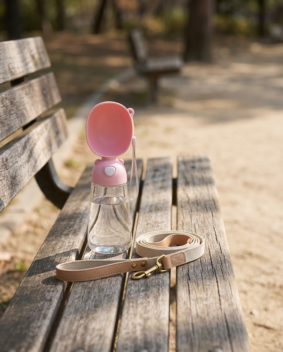 Pink portable dog water bottle on a park bench beside a leash