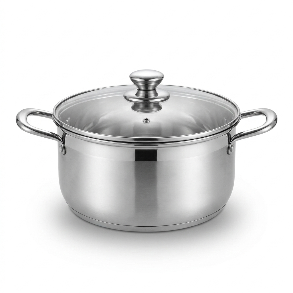 Stainless steel stockpot with glass lid and two handles