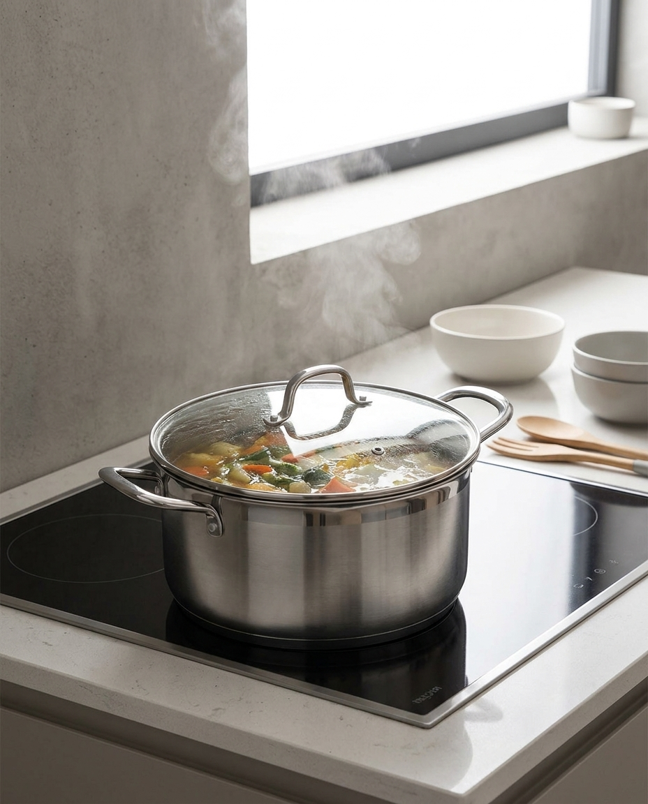 Stainless steel stockpot simmering soup on a stovetop