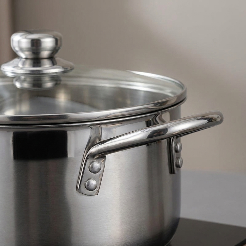 Close-up of riveted handle and glass lid knob on the stockpot