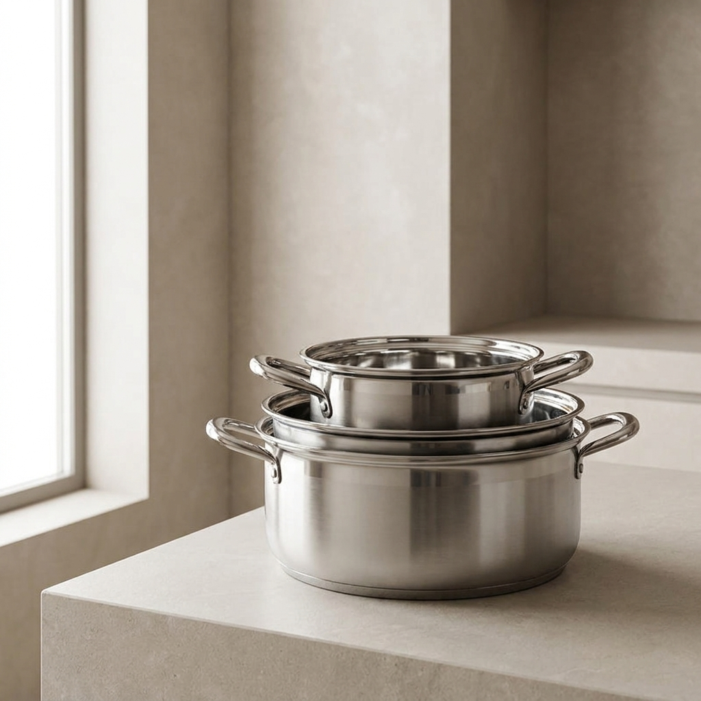 Stainless steel stockpot in three sizes on a counter
