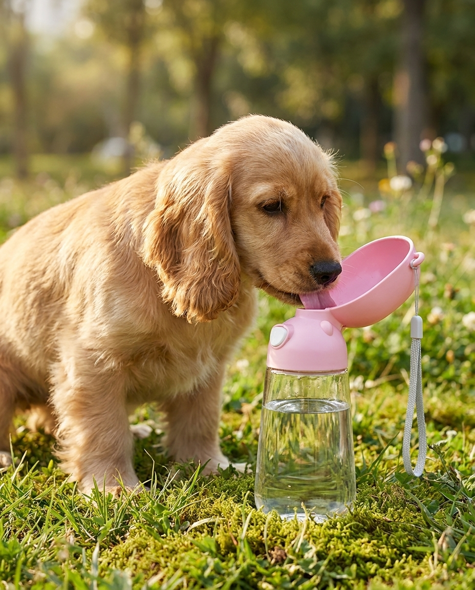 Small dog drinking from the flip-up cup of a pink portable water bottle
