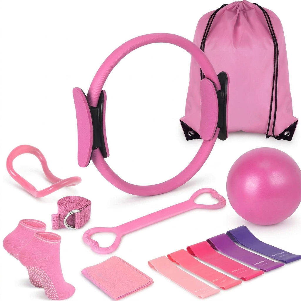 13-piece yoga and Pilates set flat-lay white-background product photo