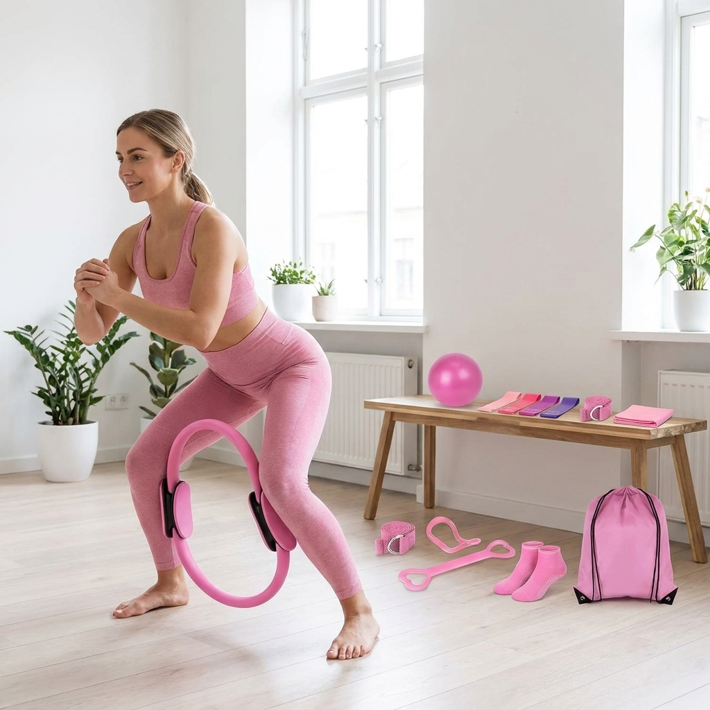 Woman using the Pilates ring from the set in a home studio