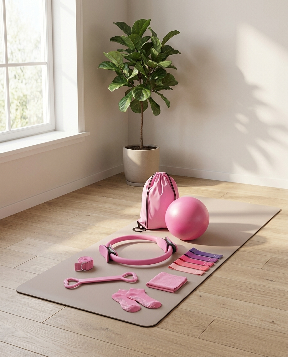 Yoga set arranged on a mat in a serene minimalist room