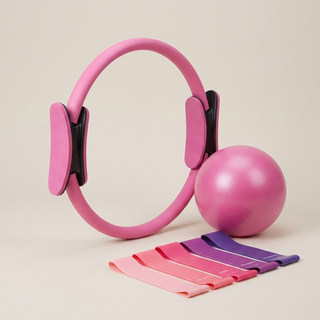Close-up of the Pilates ring, ball and resistance bands