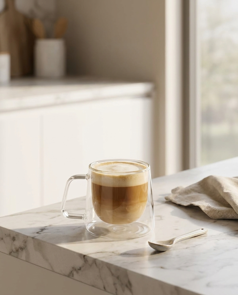Double-wall glass cup with a latte showing the floating effect