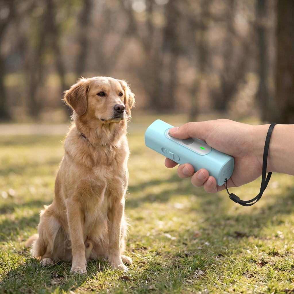 Hand pointing the ultrasonic dog deterrent toward a calm dog in a park