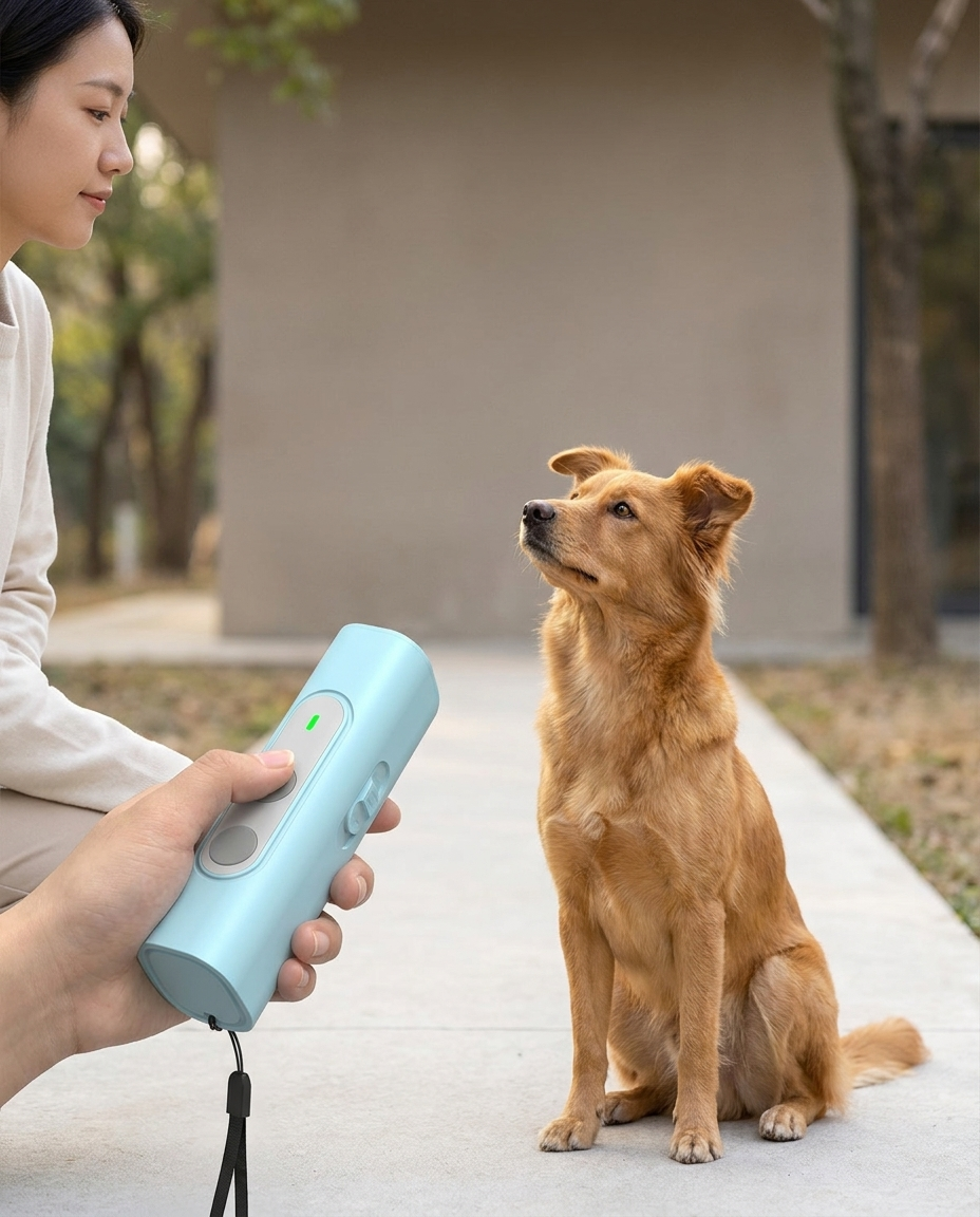 Person using the ultrasonic dog deterrent on a walk while a dog sits attentively