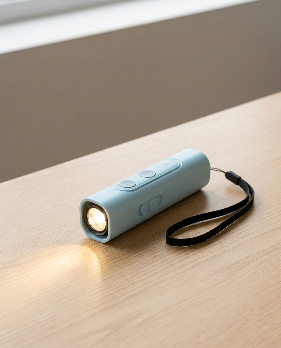 Ultrasonic dog trainer with built-in LED flashlight on and wrist strap